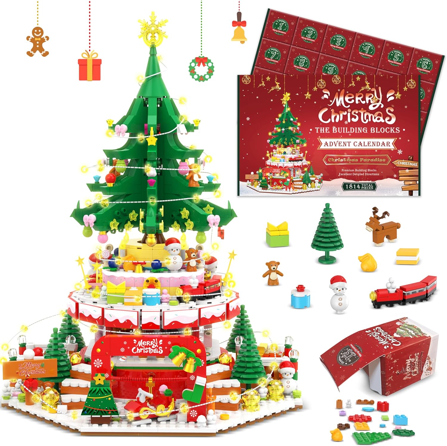 Advent Calendar 2024 Christmas Tree Paradise Building Toy Set with LED Light, 24 Boxes Surprise Christmas Countdown Calendar Building Blocks Display, Creative Gifts for Adults Teens Girls Ages 6+