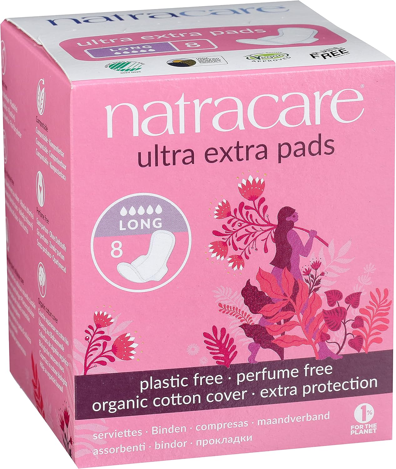 Natracare Ultra Extra Pads with Wings, Long, Individually Wrapped, Made with Certified Organic Cotton, Ecologically Certified Cellulose Pulp and Plant Starch (1 Pack, 8 Pads Total)
