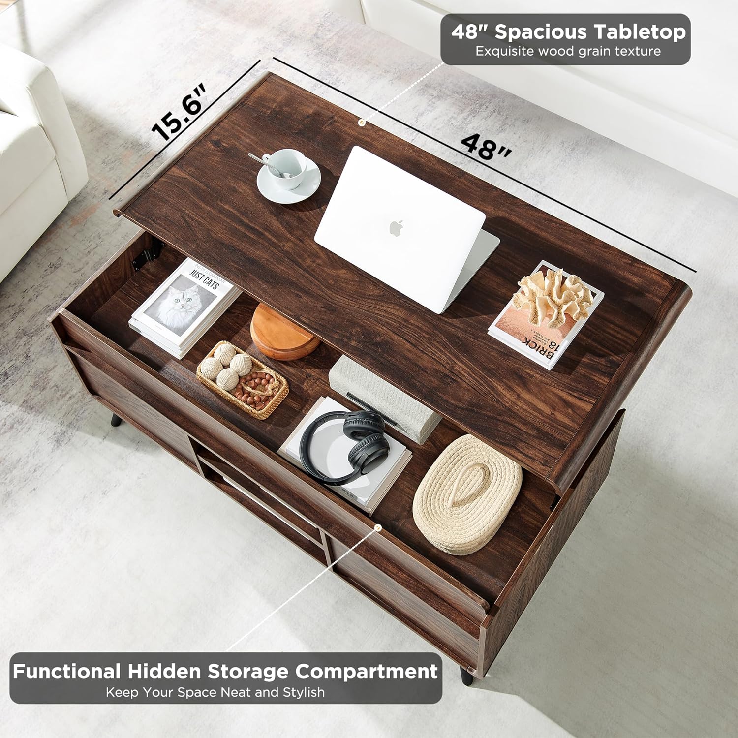 RedLemon coffee table with its lift-top open, revealing a spacious hidden storage compartment filled with various items.
