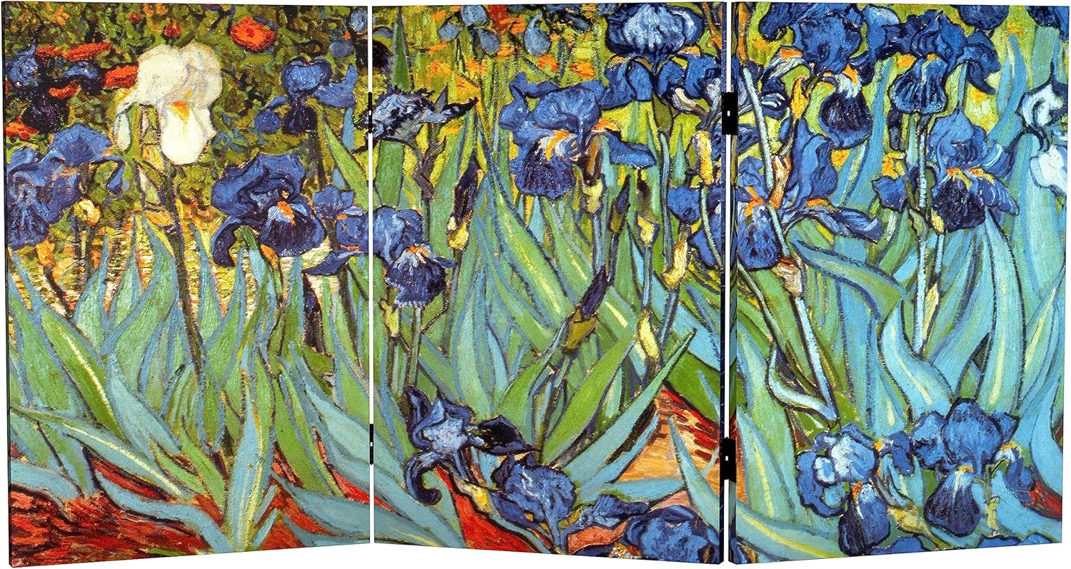 Red Lantern 3 ft. Short Double Sided Works of Van Gogh Canvas Folding Screen Irises/Starry Night Over Rhone 3 Panel Freestanding Partition and Separator for Modern and Contemporary Bedroom Home Office