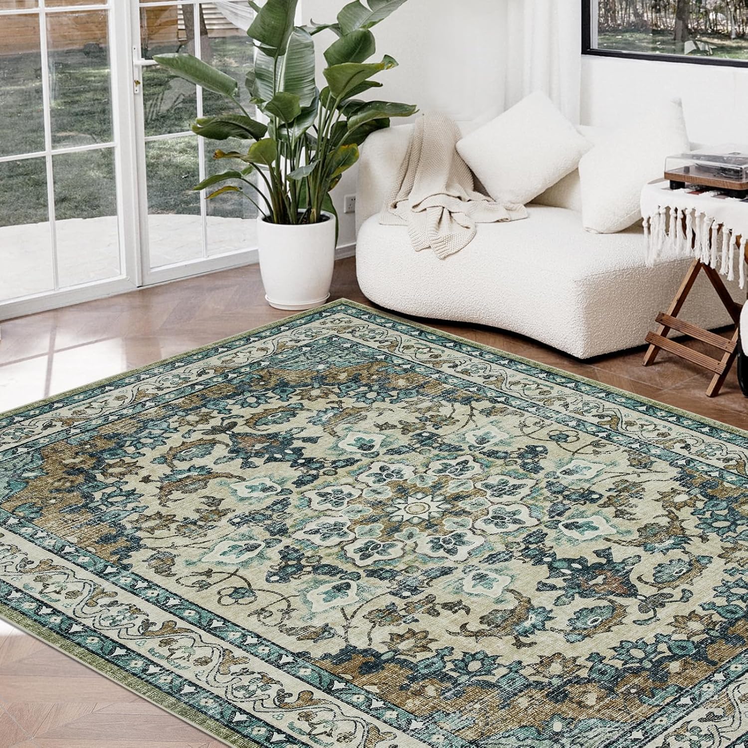 Joydeco 5x7 Area Rugs for Living Room, Non Slip Machine Washable Vintage Rug, Low Pile Non Slip Chenille Print Rugs for Bedroom, Dining Room, Office, Pet & Child Friendly, Green Beige&Brown