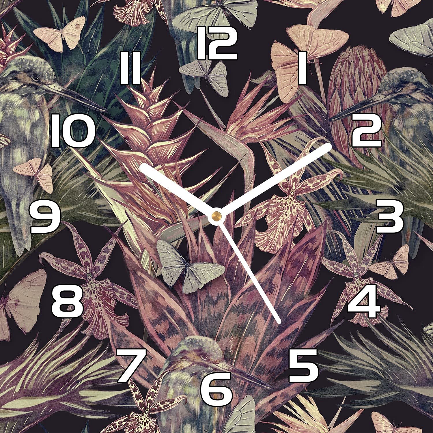 Horloge en verre 30x30 cm Aloha Animaux Oiseau et feuilles de Monstera pour decoration salon