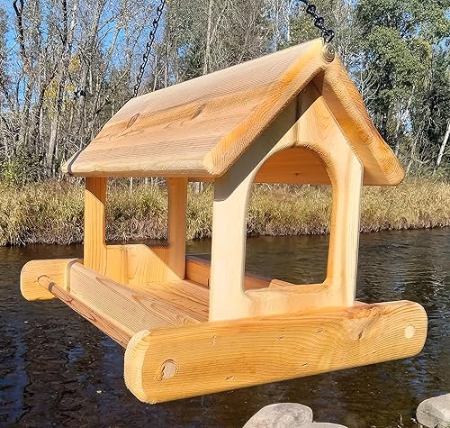 Miniatura 4 de 16 pulgadas colgante de madera de cedro arqueado mosca a través de la plataforma alimentador de pájaros o alimentador de ardillas para exteriores