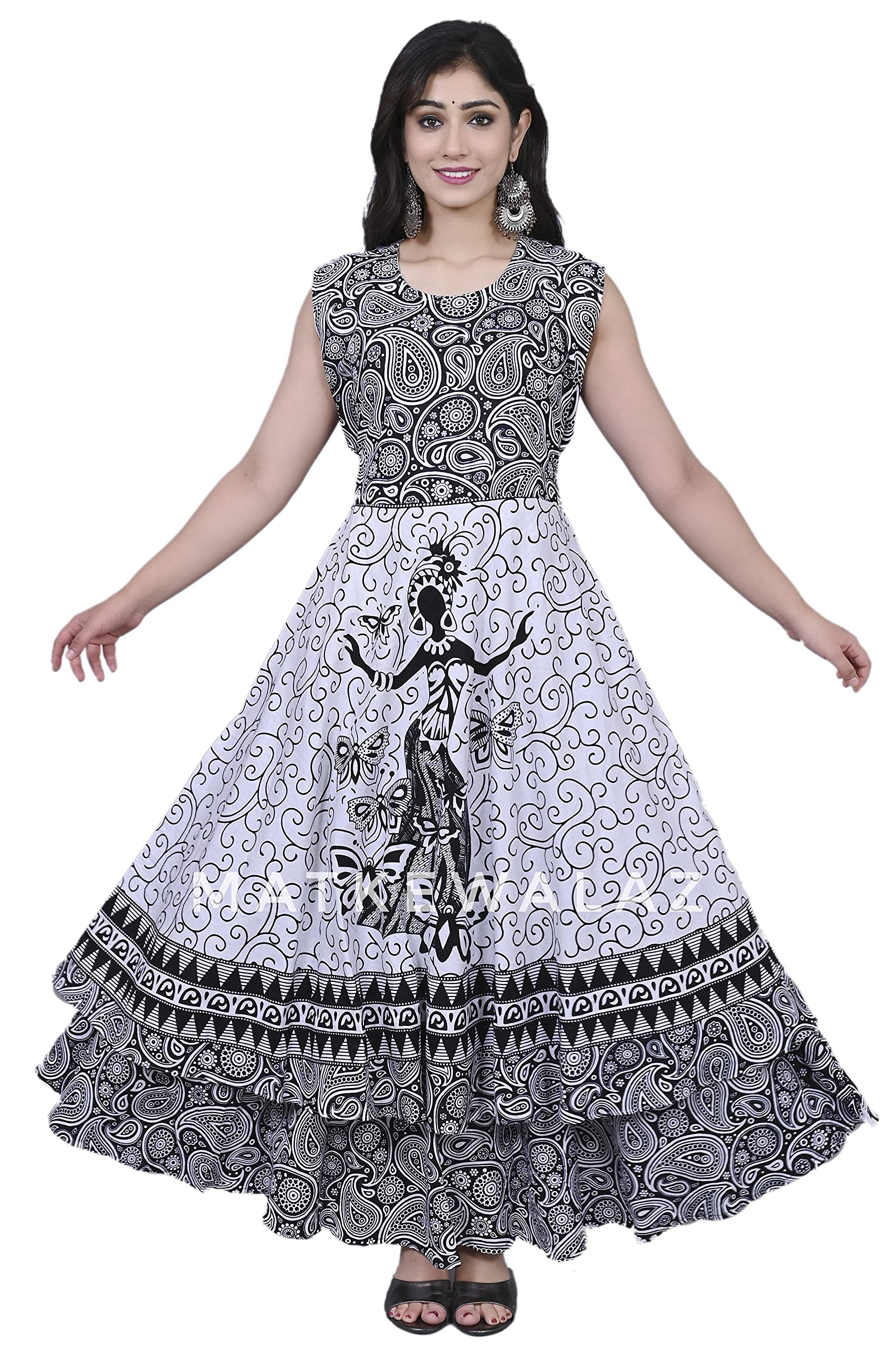 MATKEWALAZWomen's Cotton Jaipuri Sanganeri Print Midi Long Dress Cotton Printed Maxi Dress A-Line Cotton Gown Dress Maxi Hand Block