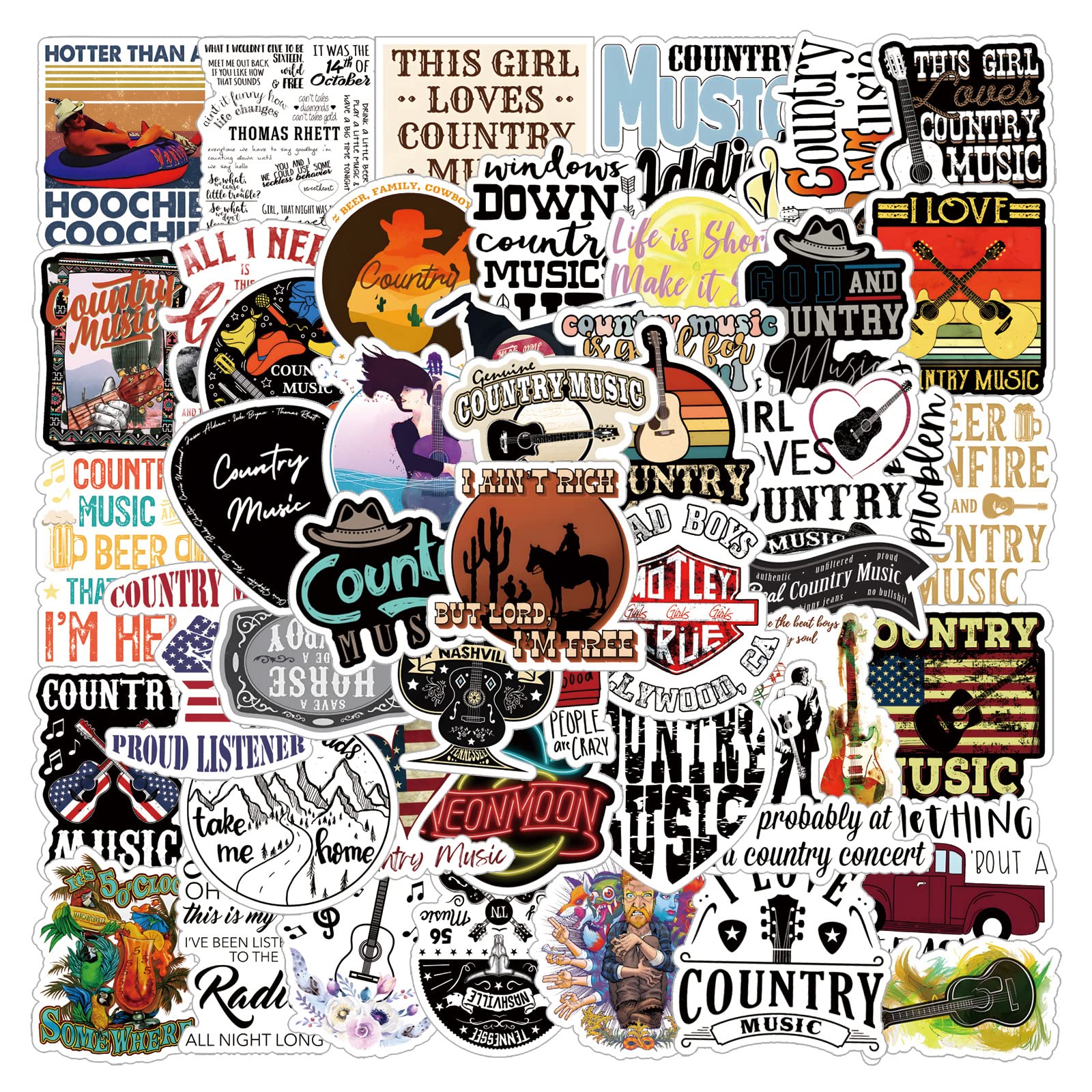 52 Pcs Country Music Graffiti Waterproof Vinyl Stickers for Adults for Birthday Party Supplies Decoration Favors for Water Bottles Laptop Suitcase Scrapbooking Journaling Choice