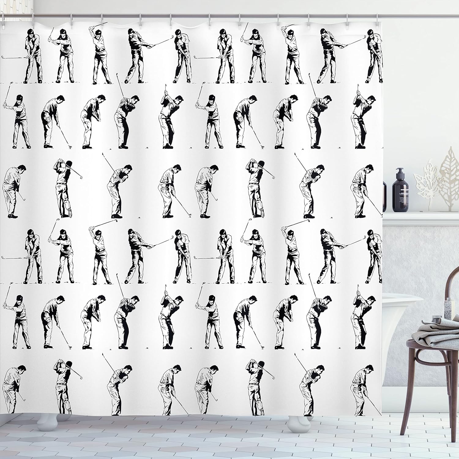 Ambesonne Golf Shower Curtain, Golf Swing Shown in 14 Stages Sports Hobby Themed Sketch Art Storyboard Print, Cloth Fabric Bathroom Decor Set with Hooks, 69" W x 70" L, Charcoal Grey White