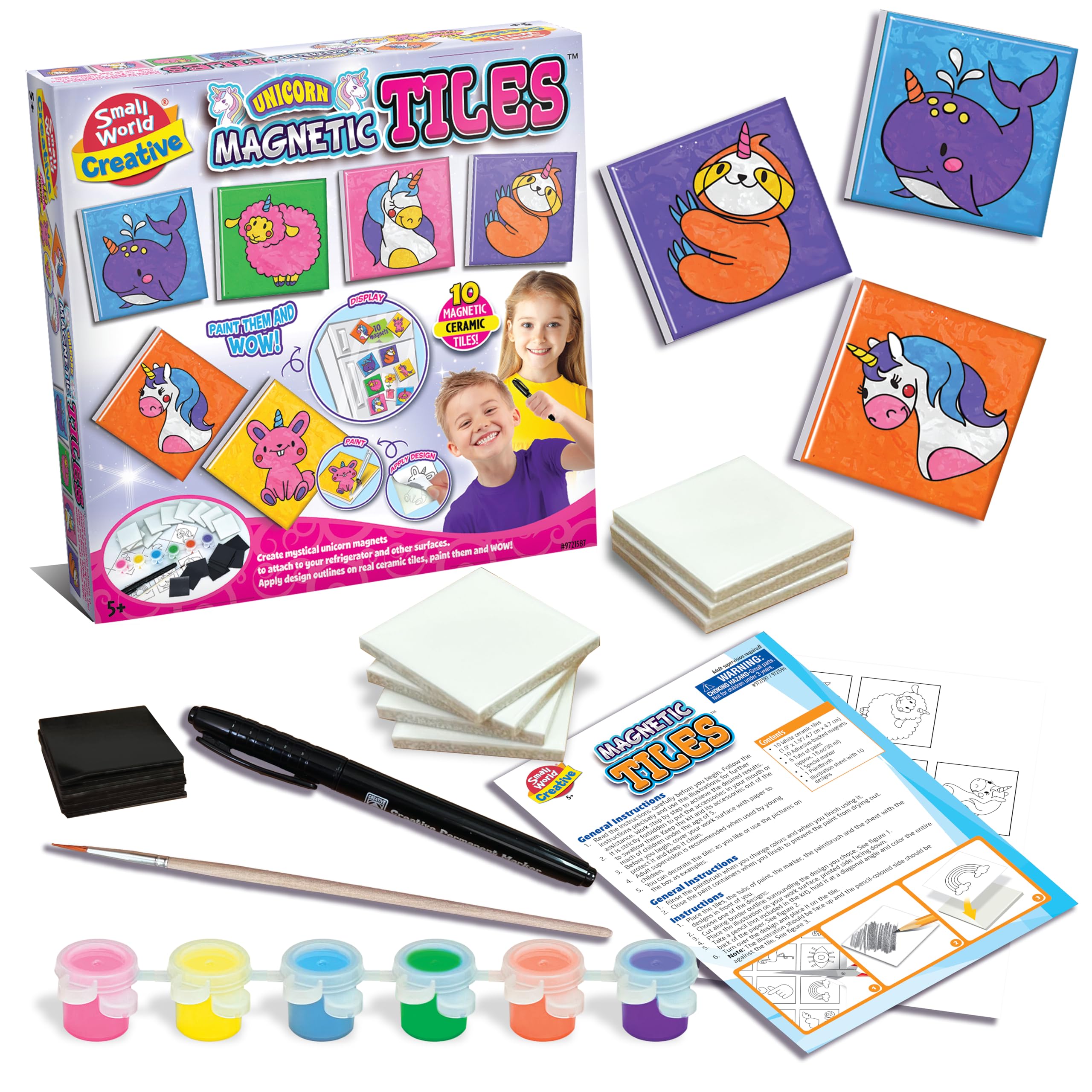 Small World Toys Unicorn Magnetic Tiles Craft Kit - DIY Make Your Own Paint Magnets for Kids - Creative and Educational Sensory Toy - Gift for Boys &