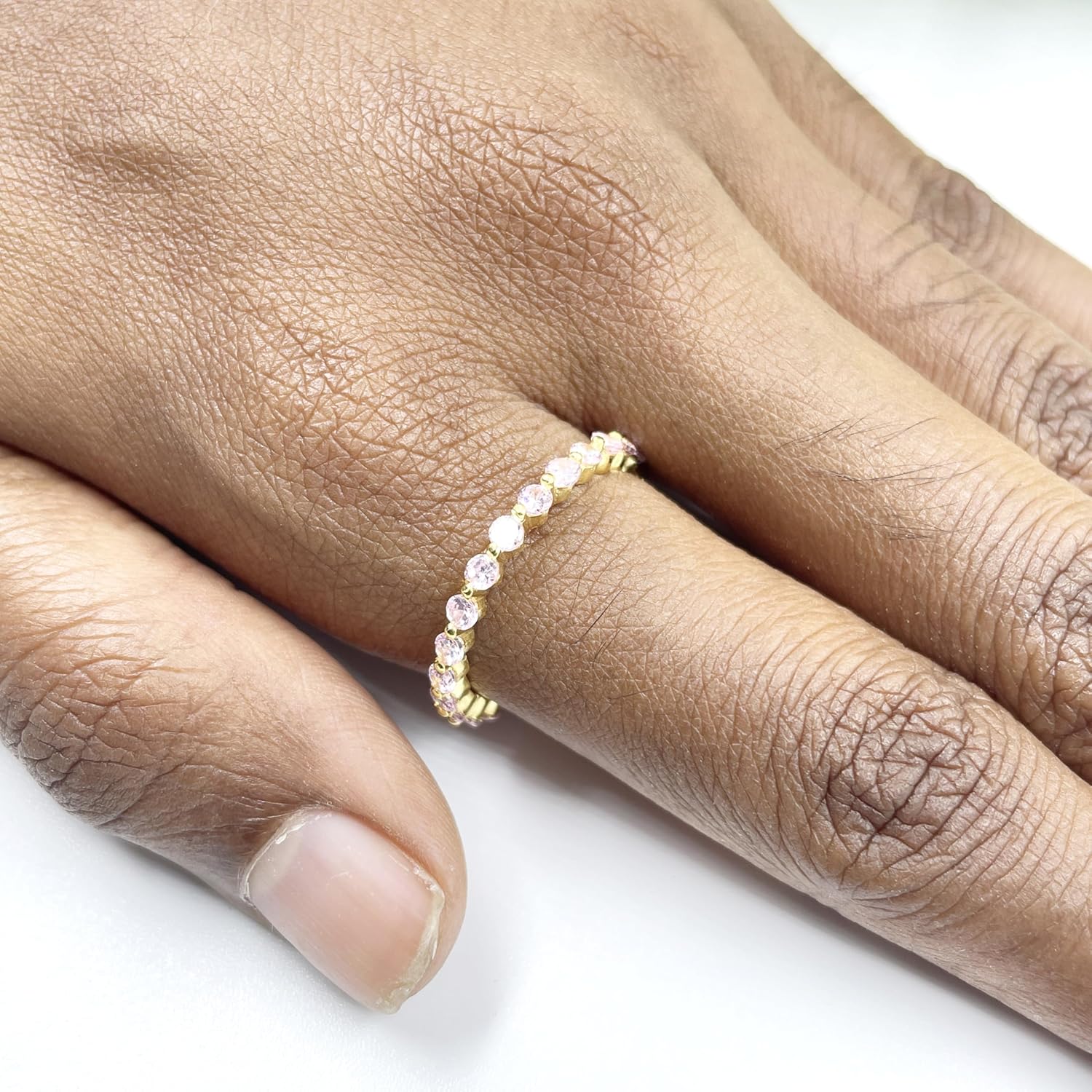 Round Cut Pink Sapphire Shared Prong Full Eternity Ring For Women, 14K Gold Plated 925 Silver September Birthstone Pink Sapphire Full Eternity Wedding Anniversary Matching Band