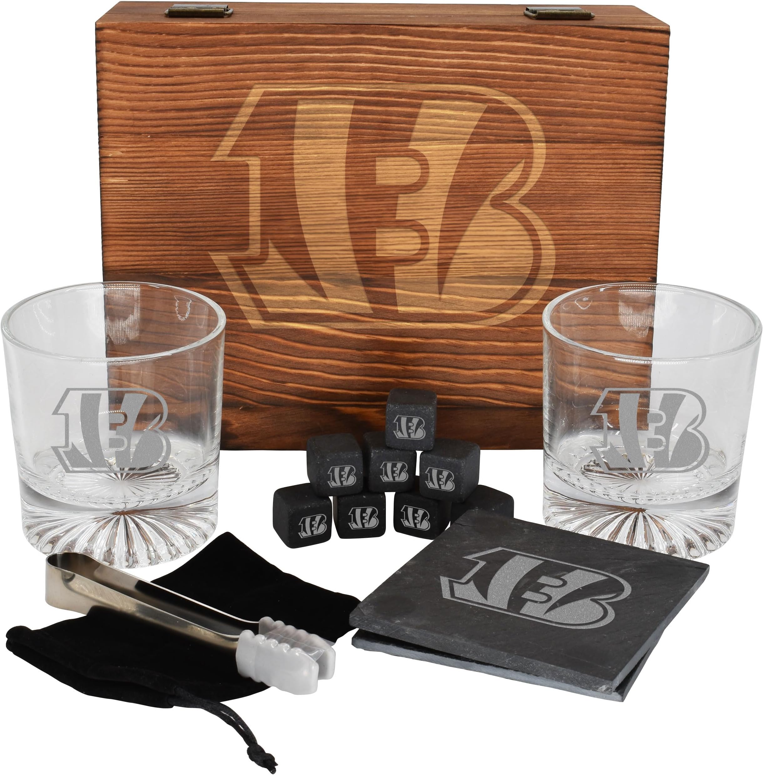 The Memory Company Licensed NFL Wood Boxed Drinkware Gift Set - Includes 2 Premium Rock Glasses, Cooling Cubes, Tongs, and Coasters, Cincinnati Bengals