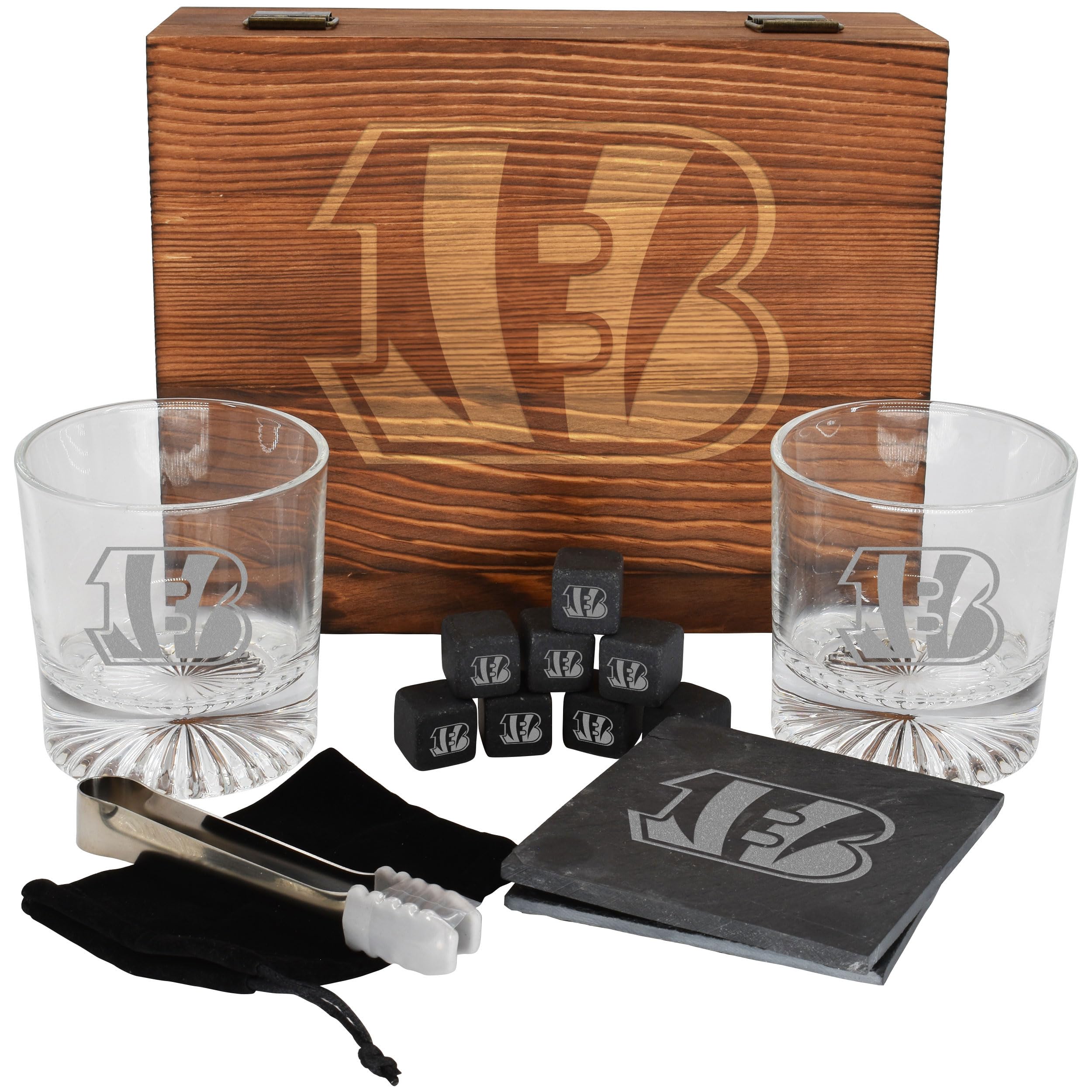 The Memory Company Licensed NFL Wood Boxed Drinkware Gift Set - Includes 2 Premium Rock Glasses, Cooling Cubes, Tongs, and Coasters, Cincinnati Bengals
