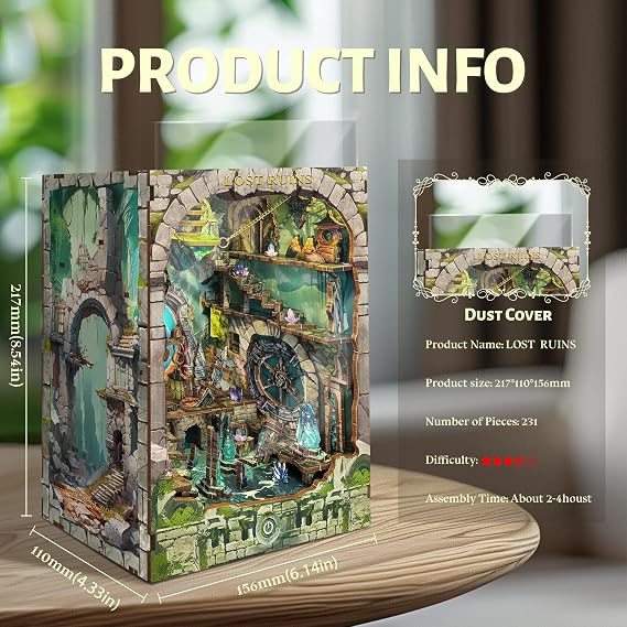 Book Nook Kit - DIY Miniature House Kit for Adults,Teens 3D Wooden Puzzle Bookshelf Decor Booknook for Adults-Lost Ruins(SQ-30)