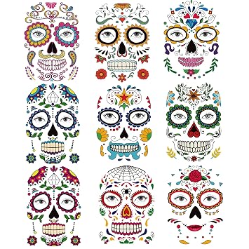 Kotbs 9 Sheets Day of the Died Skeleton Face Tattoo Stickers, Glitter Red Roses Temporary Tattoos for Men and Women - Halloween Costume Accessories and Party Favors