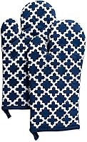 DII Lattice Oven Mitts Set Nautical Blue 2-Piece - 100% Cotton Heat Resistant Quilted Kitchen Gloves for Safe Baking & Cooking