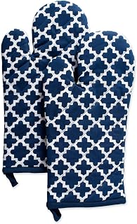 DII Lattice Oven Mitts Set Nautical Blue 2-Piece - 100% Cotton Heat Resistant Quilted Kitchen Gloves for Safe Baking & Cooking