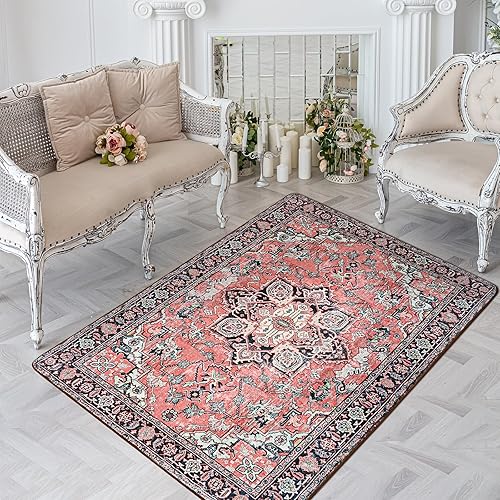 Miniatura 7 de Toneed Alfombra de área vintage, 4 x 6 pies, alfombra roja con parte trasera de goma, antideslizante, lavable para dormitorio, sala de estar,