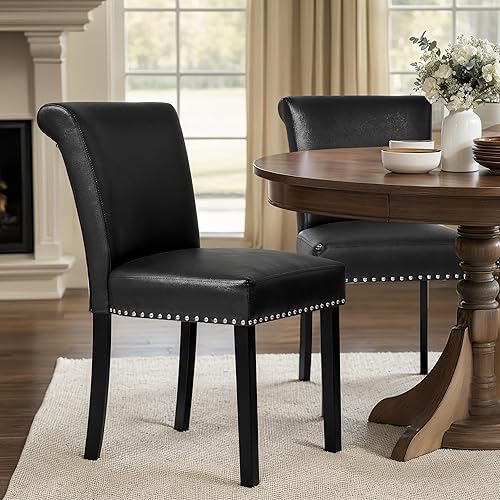 Vista 30 de CHUN YI Juego de 6 sillas de comedor de cuero, sillas laterales tapizadas Parsons para comedor, cocina, restaurante con patas de madera resistentes