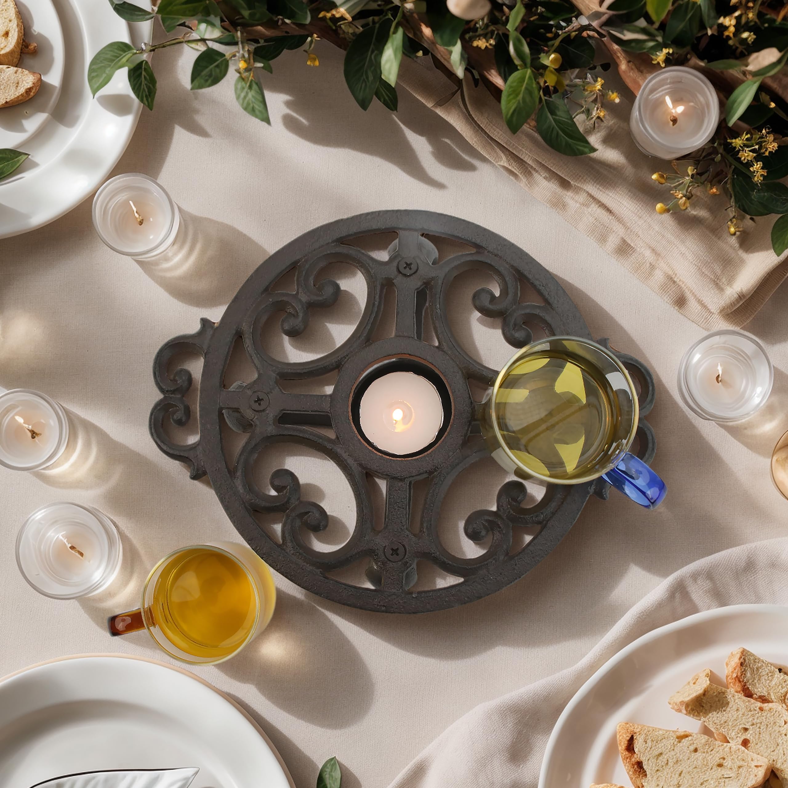 Calentador de tetera de hierro fundido, calentador de tetera duradero con soporte para velas para alimentos, café, té y más, elegante olla de hierro fundido para el hogar o el escritorio