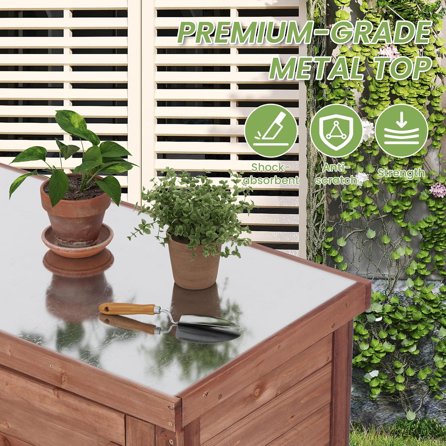 36” Height K-Style Outdoor Potting Bench with Storage Cabinet and Metal Table Top Outdoor Work Station Table