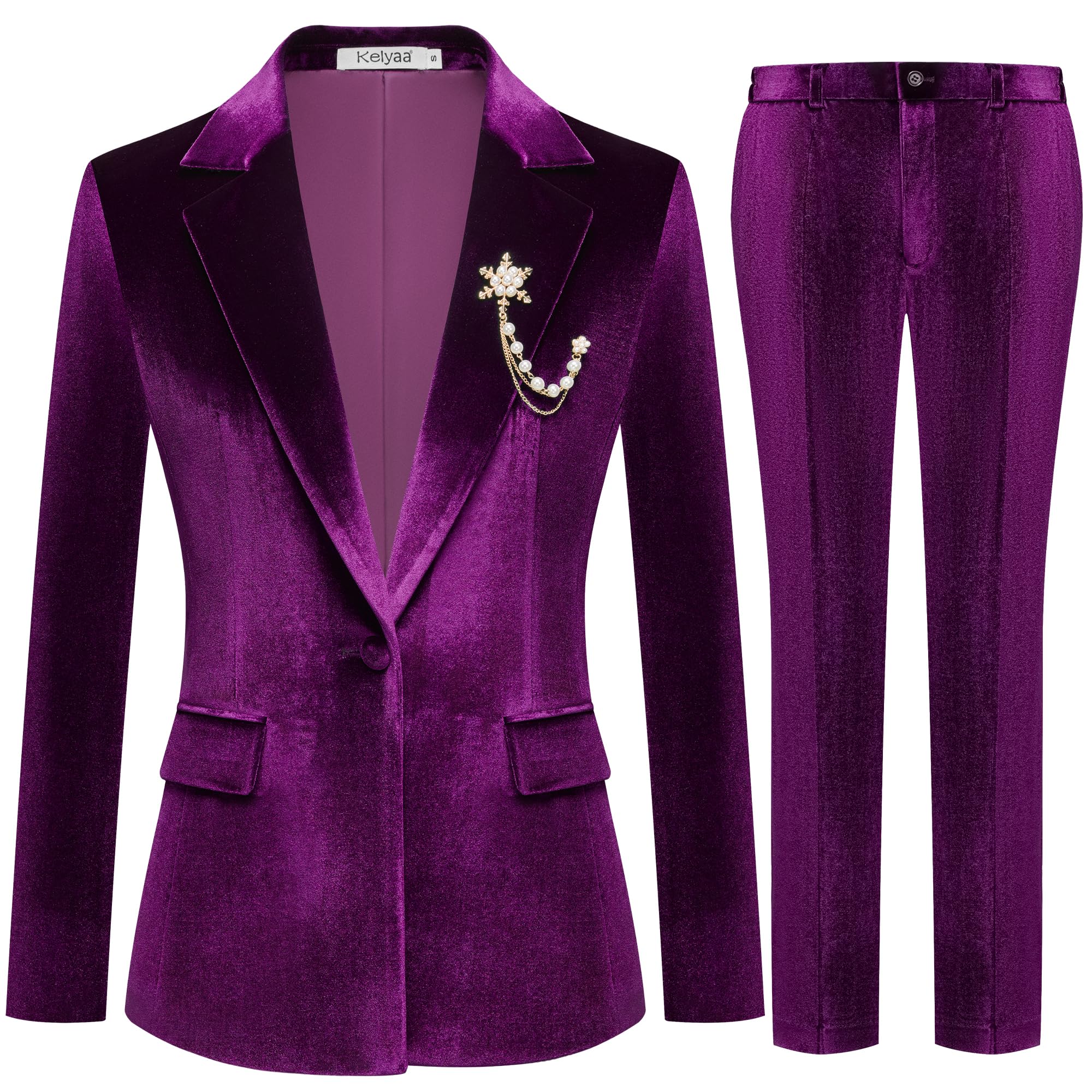 Kelyaa Women's 2 Piece Velvet Suit Notch Lapel One Button Slim Fit Business Party Wedding Tuxedo Blazer Pants Set