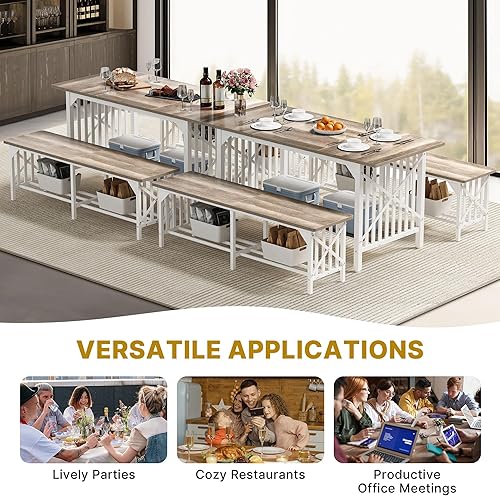 Miniatura 5 de DWVO Juego de mesa de comedor de 3 piezas para 4-6 personas, mesa de comedor de 63 pulgadas con 2 bancos, juego de mesa de comedor rectangular