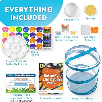 National Geographic Butterfly Growing & Bug Catcher Kit - Butterfly Habitat Kit with Voucher for 5 Caterpillars (S&H Not Included) & Bug Habitat with Magnified Viewers, Bug Catcher & More