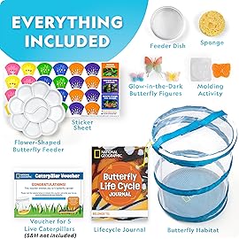 National Geographic Ultimate Butterfly Growing Kit - Build a Habitat & Watch Caterpillars Transform, Includes Live Caterpillar Voucher, Cage, Feeder, Glow-in-The-Dark Figures, Hands-On Activities