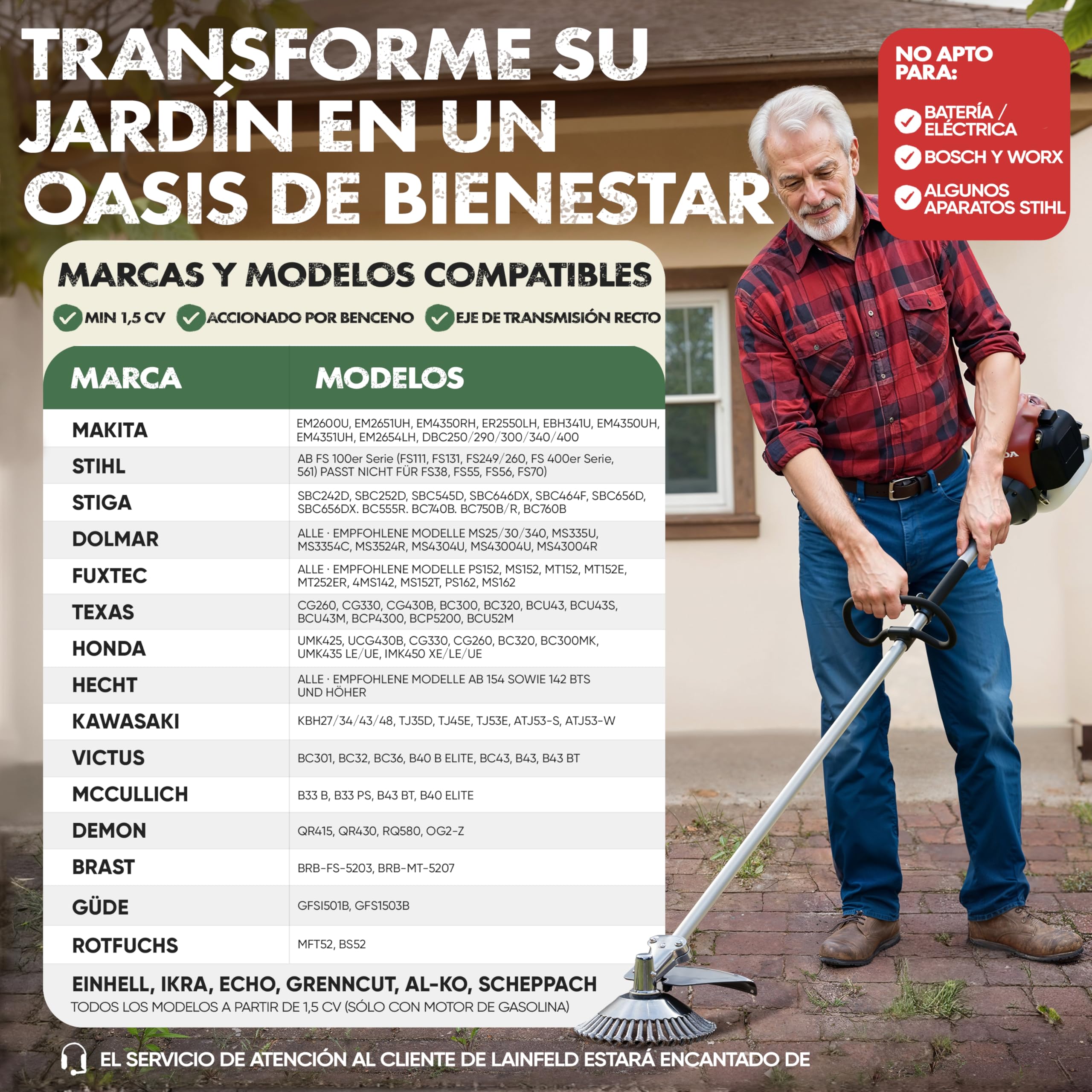 LAINFELD Cepillo para maleza para desbrozadora y desbrozadora | Ajuste universal incl. adaptador | Cepillo para maleza de juntas con accesorios | Cepillo para maleza silvestre