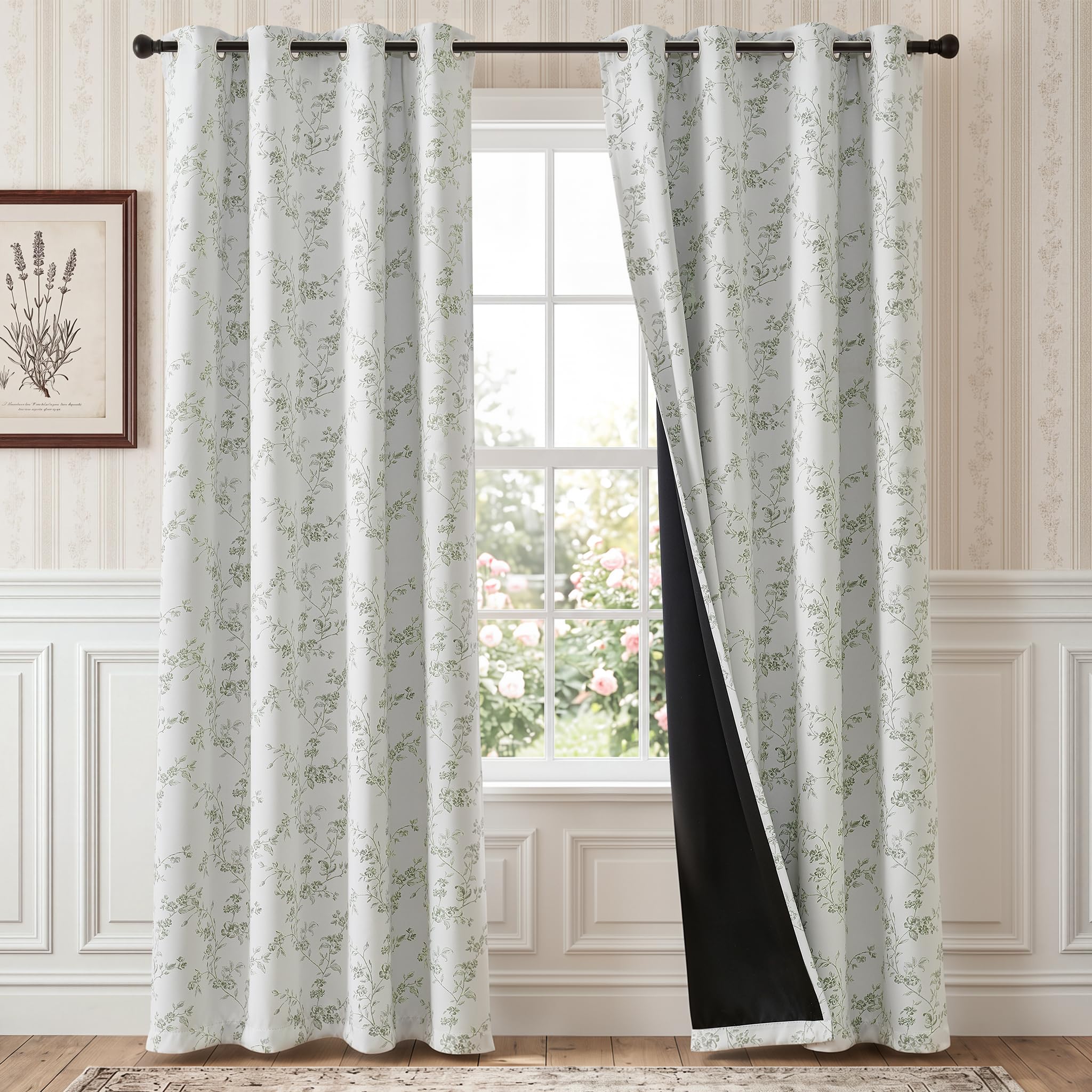 TOPICK Floral 100% Blackout Curtains for Bedroom Living Room W52xL84 Green