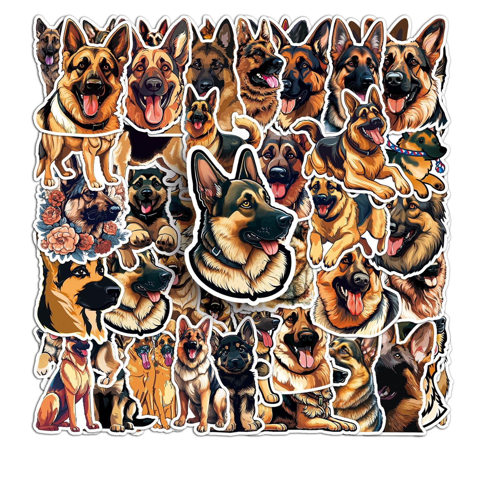 50Pcs German Shepherd Dog Stickers, Kids Teens Adults Dog Vinyl Laptops Decals for Water Bottle Luggage Phone Skateboard, Durable Decorate Bumper Mini