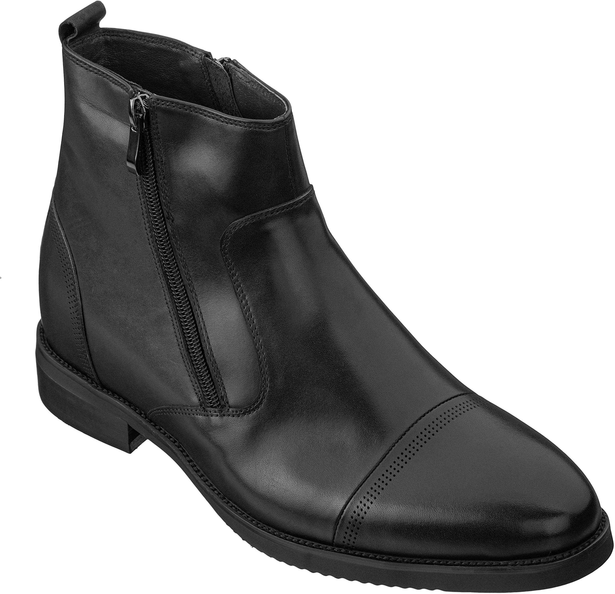 CALTO Men's Invisible Height Increasing Elevator Shoes - Black Premium Leather Lightweight Zipper Boots - 2.8 Inches Taller - S28001 - Size 7.5 D(M)