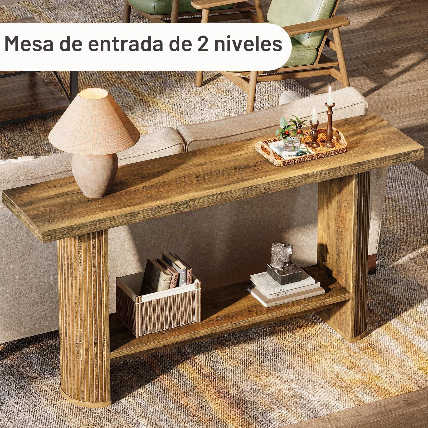 Tribesigns Mesa de Consola, Mesa de Entrada Moderna de 140 cm, Consola Recibidor Angosta para Sofá, Consola Madera con 2 Estantes para Pasillos, Entrada o Sala, Marrón