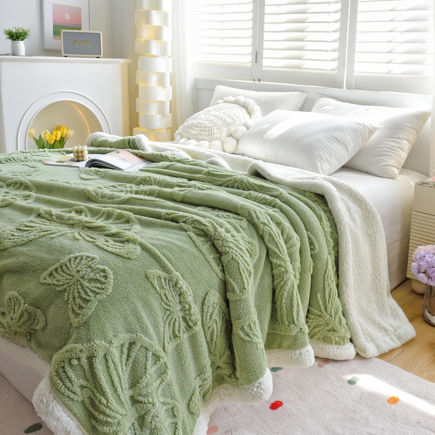 UKELER Sherpa Fleece Blanket 60 × 80 inch, Ultra Soft Twin Size Throw Blanket for All Season, Cozy Plush Butterfly Blankets for Bed Couch Sofa Office Camping, Green - Image 3