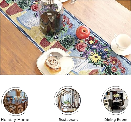 Miniatura 5 de Encasa XO Camino de mesa jacquard bohemio, diseño de maceta, estilo vintage, tamaño 13 x 59 pulgadas, tapiz bohemio tejido para comedor de 4 plazas,
