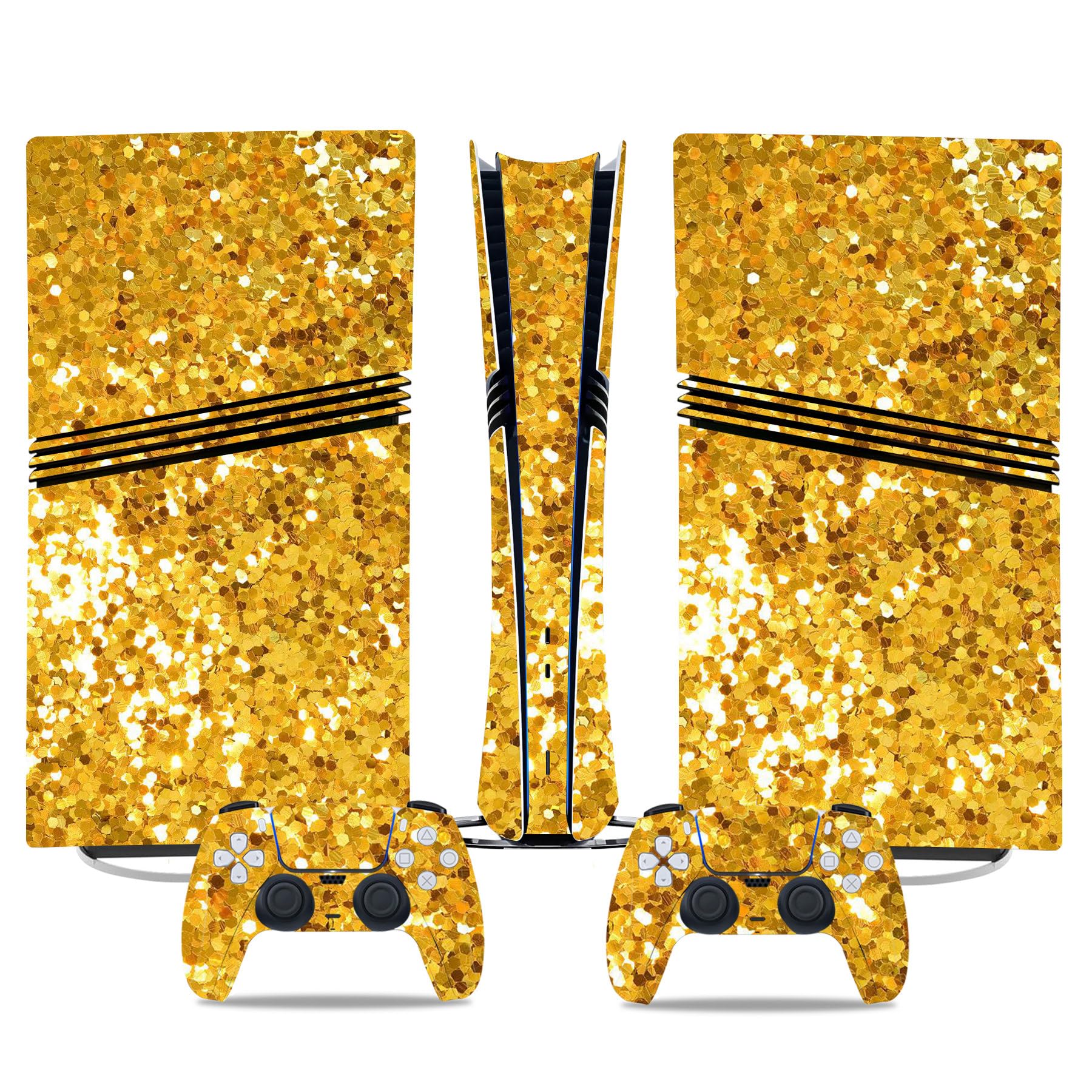 PS5 Pro Digital Skin & Controller Decal Set-Custom Vinyl Wrap Stickers for PlayStation 5 Console & DualSense Controller-Matte Black Gaming Skins Full Cover Protection(Shiny Gold, PS5 Pro Digital)