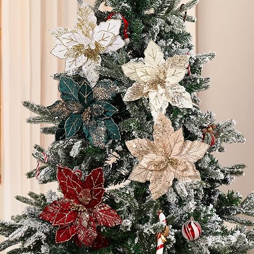 Miniatura 6 de GL-Turelifes Flores de Navidad grandes con purpurina de 10.7 pulgadas, 6 piezas de flores de pascua artificiales, adornos plegables para decoración