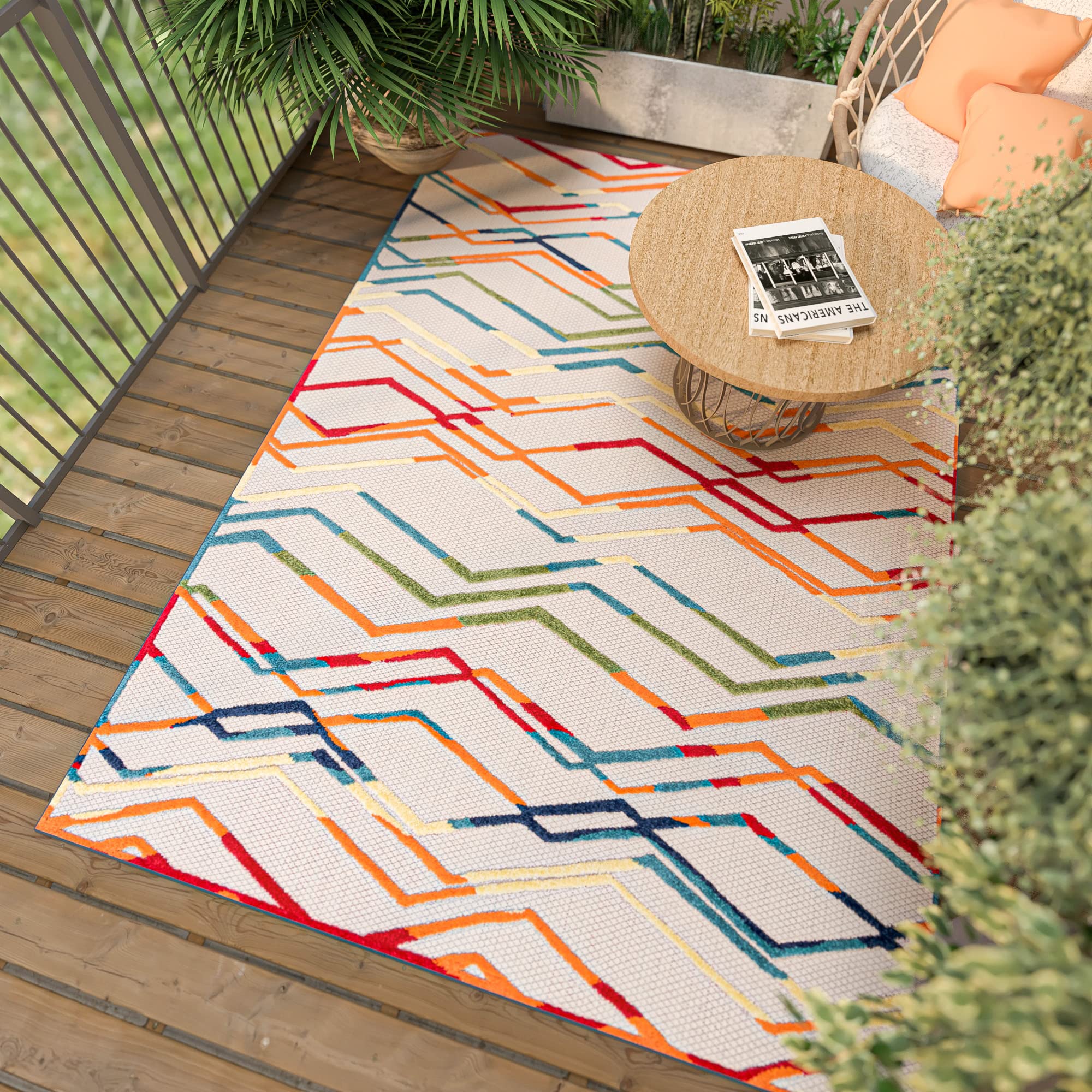 Mazovia Tappeto per Esterni e Interni - Tappeto da Esterno Impermeabile - Tappeto per Terrazza, Giardino, Balcone - Tappeto Pelo Corto - Geometrico - Multicolore 80 x 150 cm