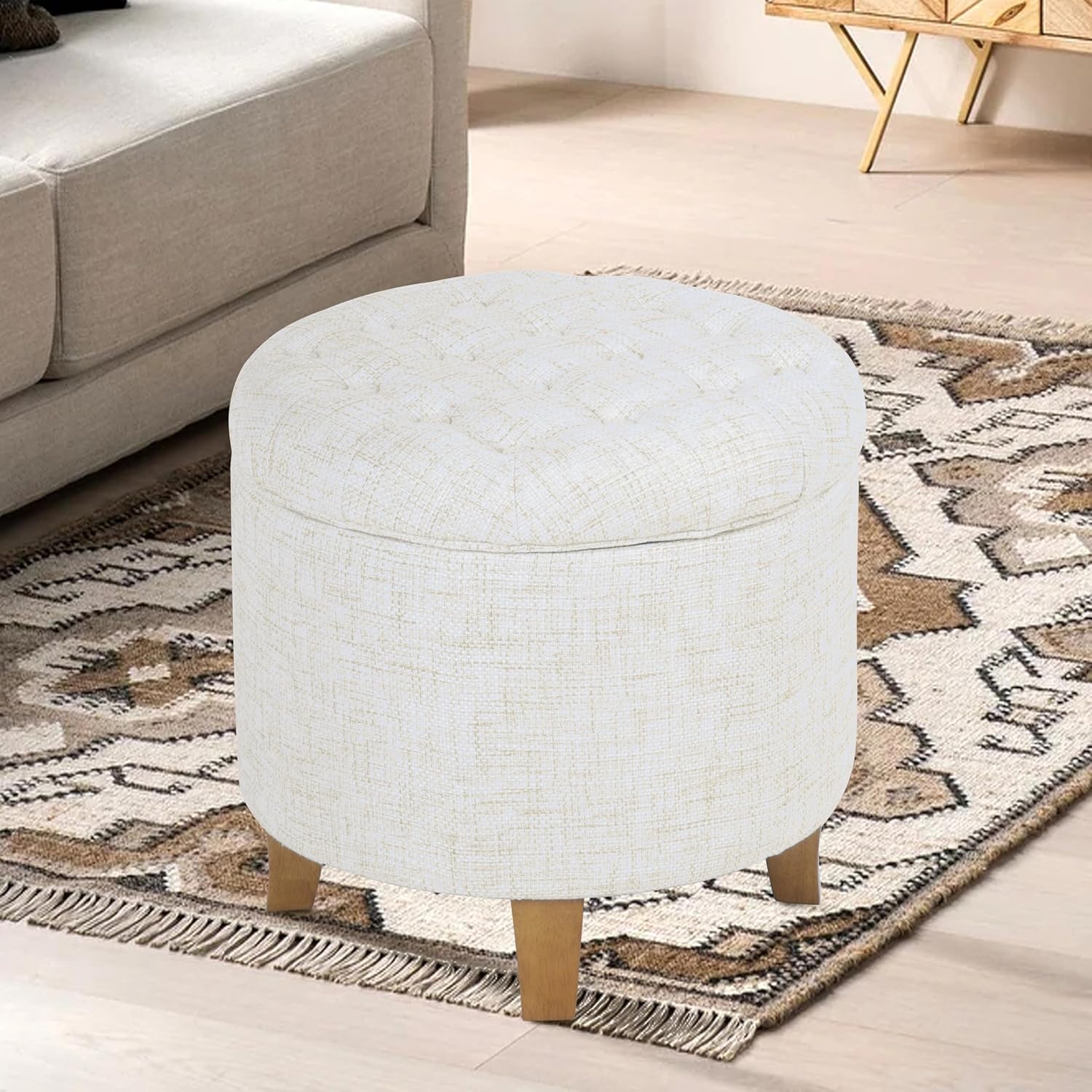 HomePop Home Decor | Upholstered Round Tufted Foot Rest Ottoman | Ottoman with Storage for Living Room & Bedroom | Decorative Home Furniture, Cream Textured Solid
