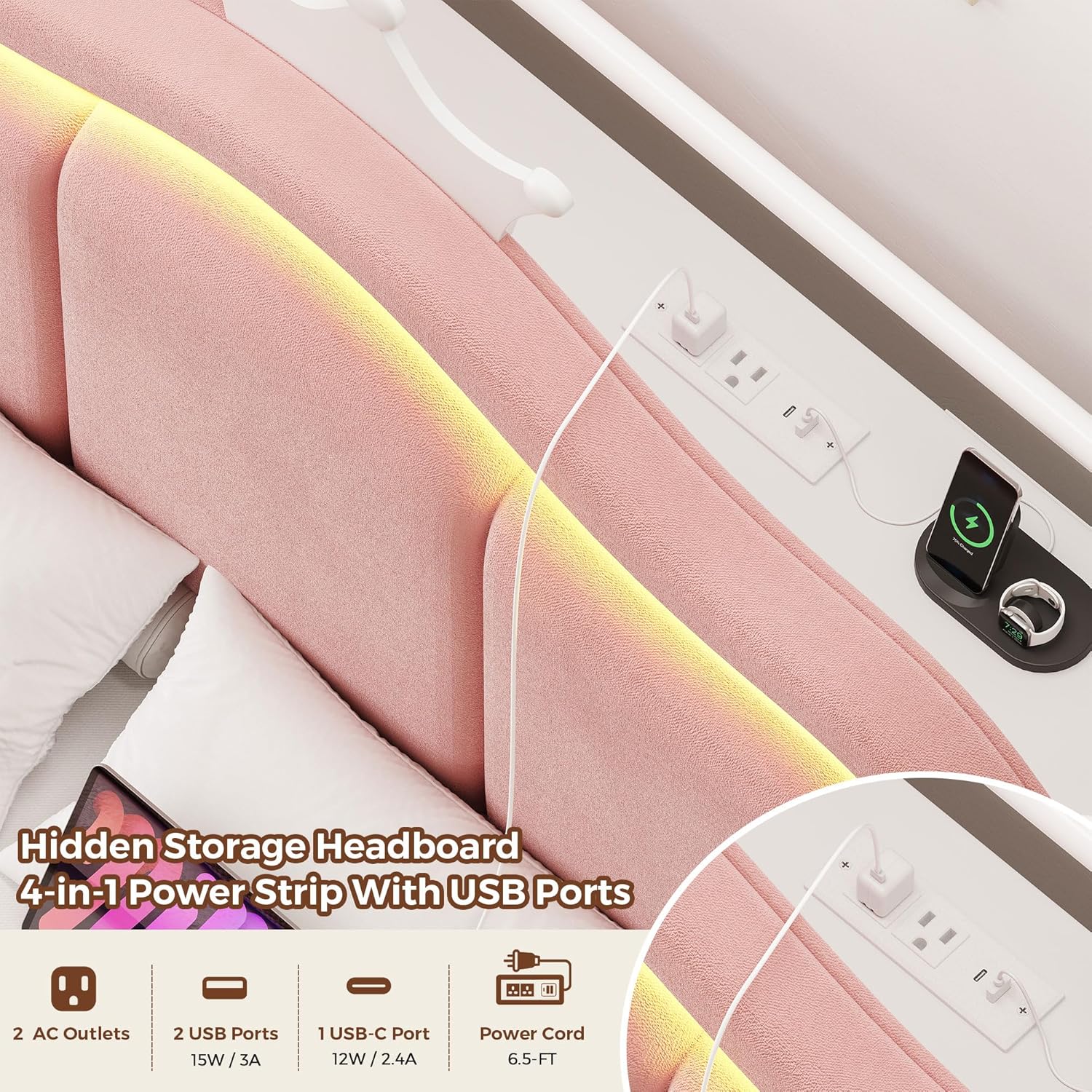 Girls Twin Velvet Upholstered LED Canopy Bed Frame with 2 Storage Drawers and Charging Station, Crown Storage Headboard with Bookshelf, Two-Use Princess Platform Bed with 4 Removable Posts- Pink