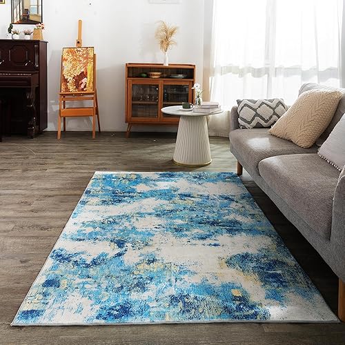 Miniatura 7 de Carvapet Alfombra moderna lavable de 4 x 6 pies, alfombra abstracta ultra delgada con parte trasera de goma, antideslizante para interiores,