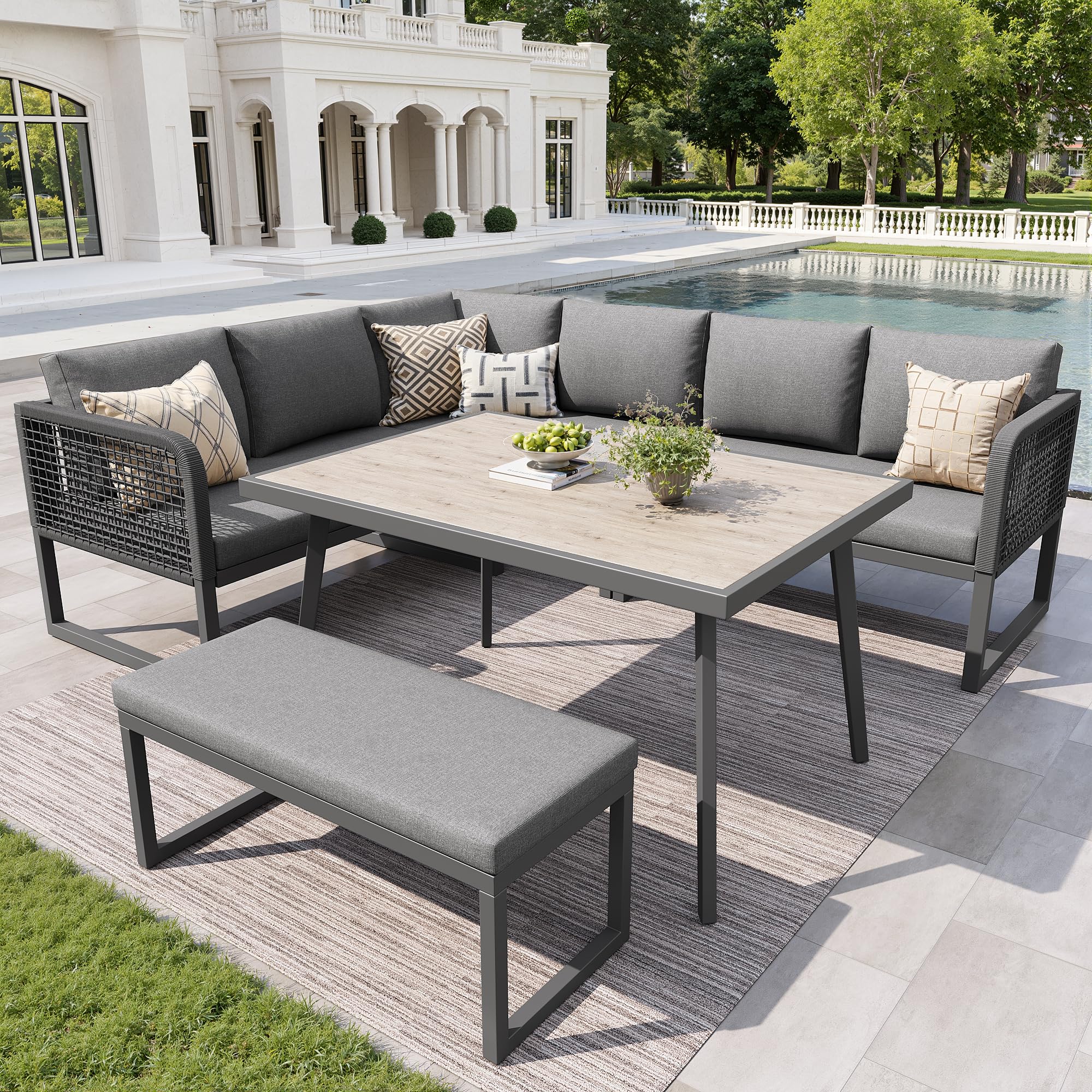 Sapgaks Salon de Jardin d'extérieur 6-8 Places,Canapé d'angle extérieur en L avec Coussin et Table,Rotin PE tissé à la Main,Ensemble de canapé de Jardin résistant aux intempéries,Gris