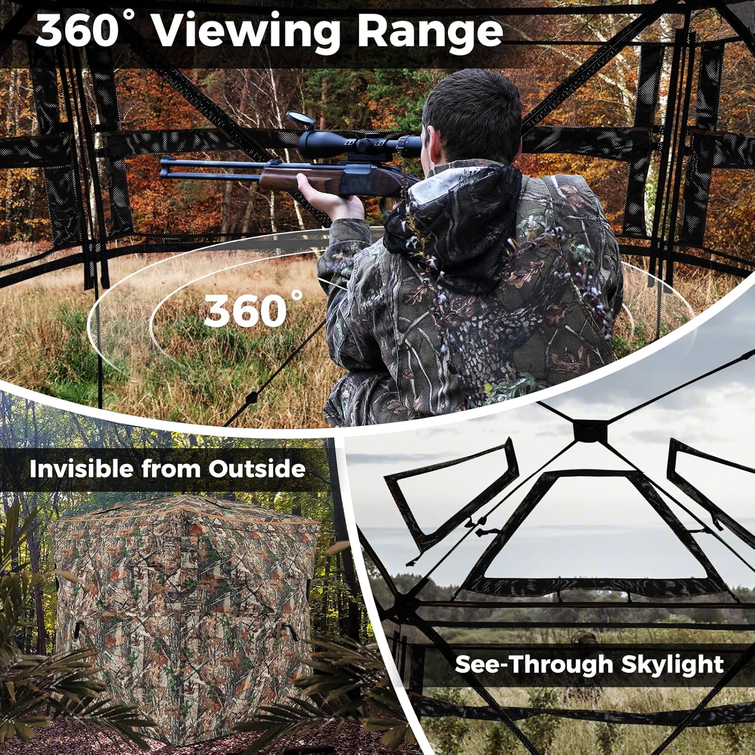 Goplus 3 in 1 Multifunctional Hunting Blind, 360° One-Way See-Through Hunting Tent w/Skylight, Roof Cover, Carrying Bag, 15 Ground Stakes & 8 Wind Ropes, 5-Sided Stakeout Camouflage Ground Blind