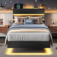 Vista 8 de Feonase Base de cama flotante individual con luces LED y estación de carga, marco de cama de madera tamaño individual con cabecera de Negro