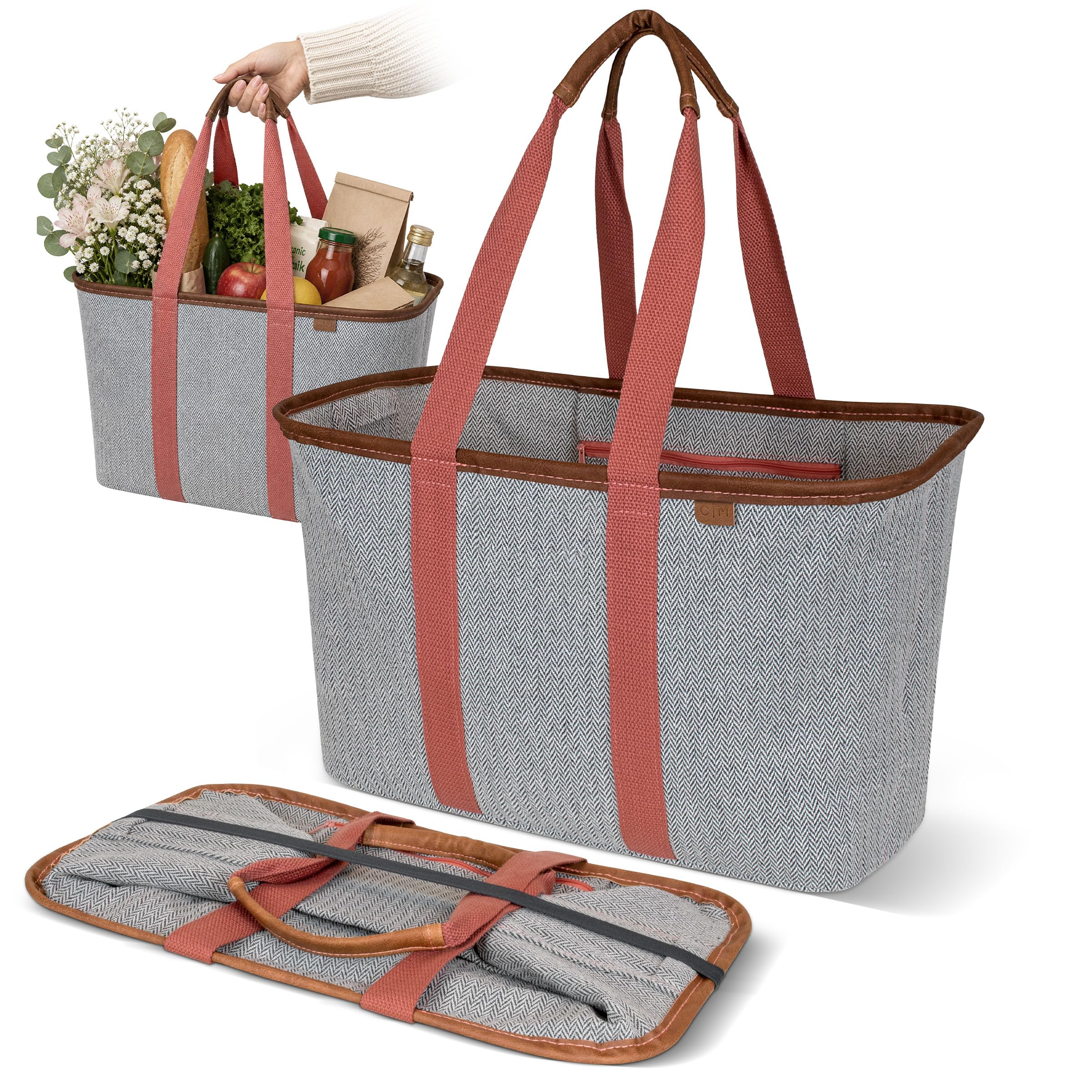 CleverMade Collapsible LUXE Tote, Rose Herringbone - 30L (8 Gal) Structured Tote Bag with Handles and Reinforced Bottom - Reusable Grocery Bag, Shopping Bag, Utility Tote Bag