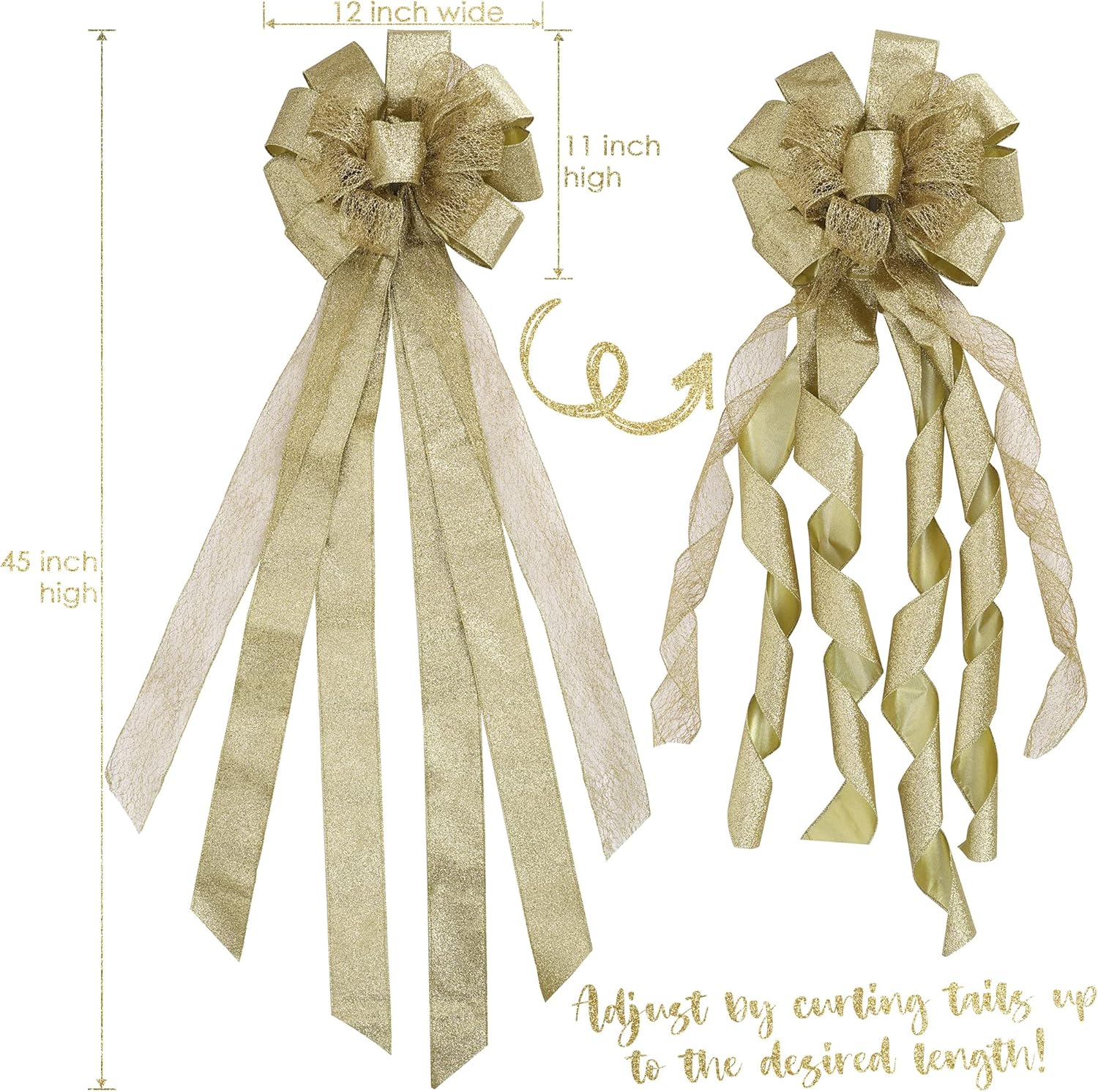 MEEDEE Gold Christmas Tree Topper Gold Glitter Christmas Bows 12" Wide Snowflake Ribbon Bow Gold Christmas Bows Gold Christmas Topper Large Gold Bows for Christmas Tree Decoration (1 Pack) - Image 4