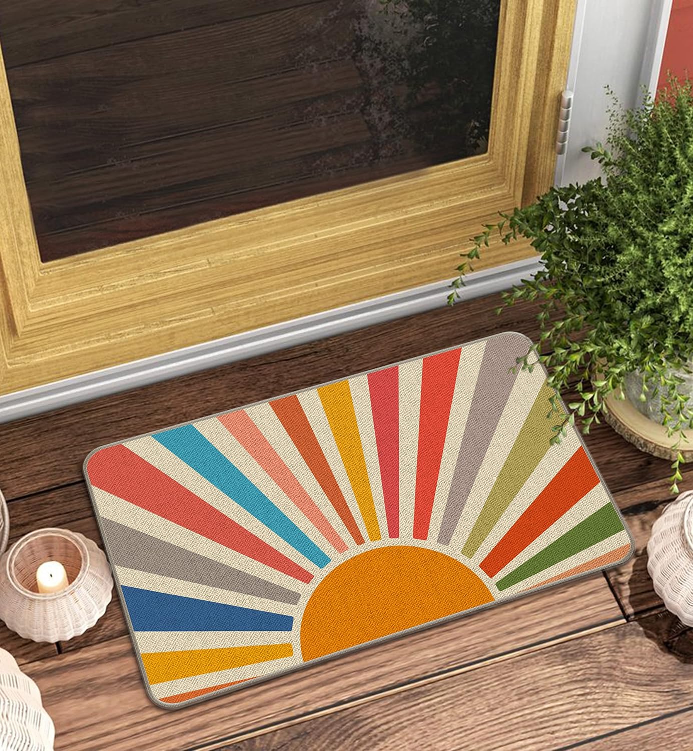 Boho Sun Sunrise Sunset Colorful Sunshine Modern Entrance Door Mat 17x30 Inch Doormats Decor, Bohemia Home Front Door Porch Outdoor Indoor Decorations