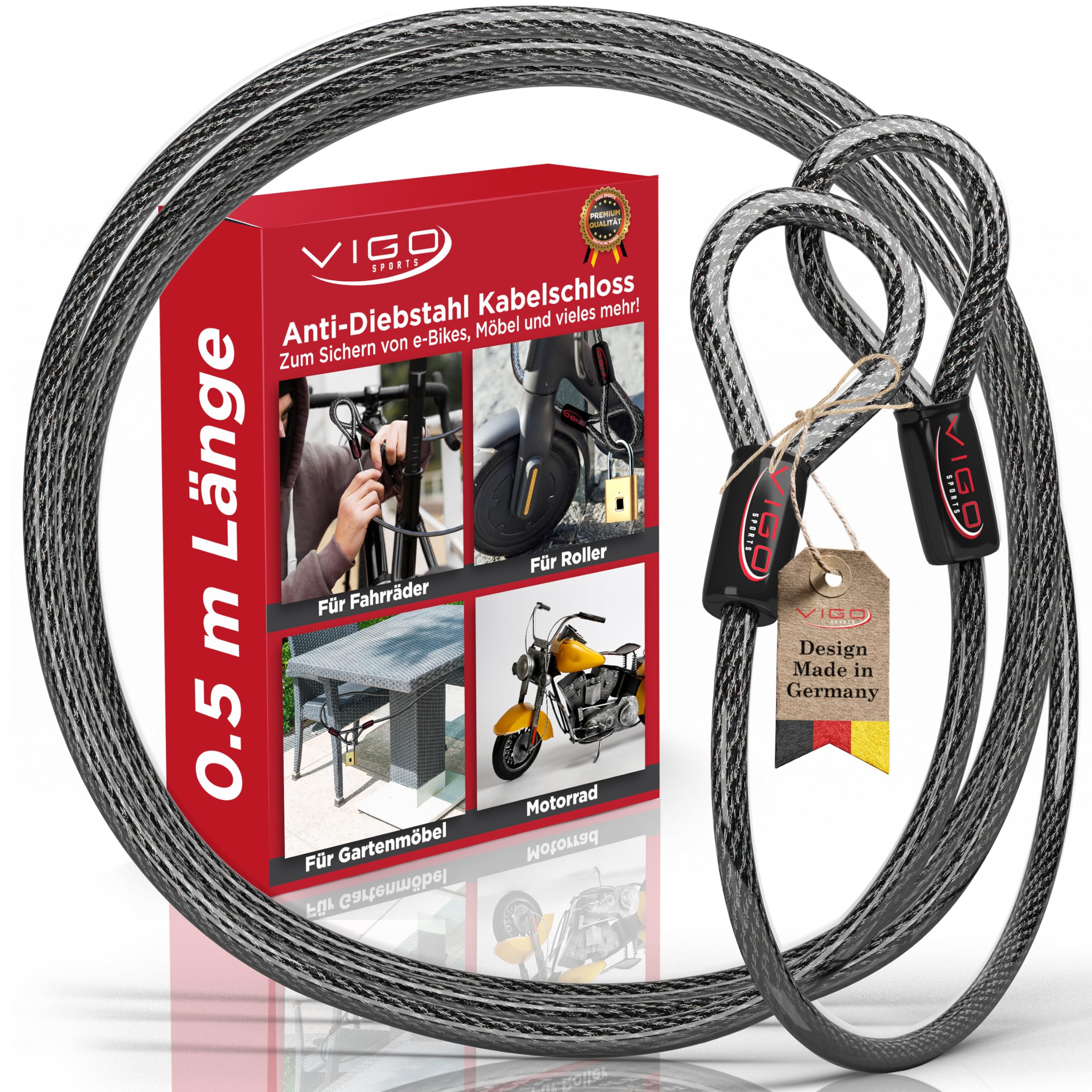 VIGO SPORTS® Panzer Stahlseil mit Ösen [50cm] I 6mm starkes Kabelschloss zum Schutz deines Fahrrad, Grill, Gartenmöbel oder Kinderwagen vor Spontan Diebstahl I Witterungsbeständig und Langlebig