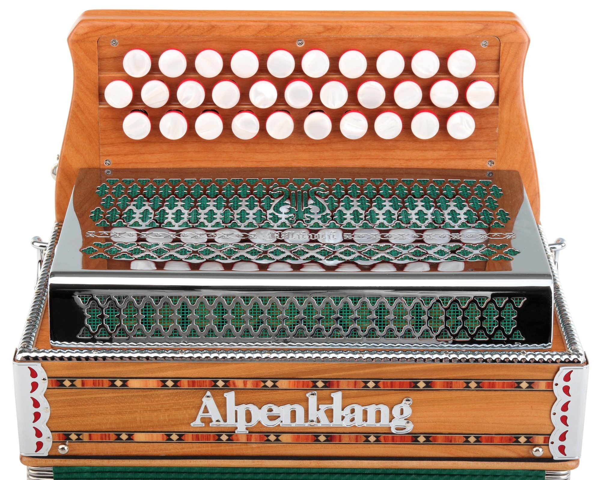 Alpenklang Steirische Harmonika "Mini" massiv aus Kirschholz (G-C-F Stimmung, 31 Knopftasten, 11 Helikon-Bässe, 3-reihig, inkl. Rucksack-Case)