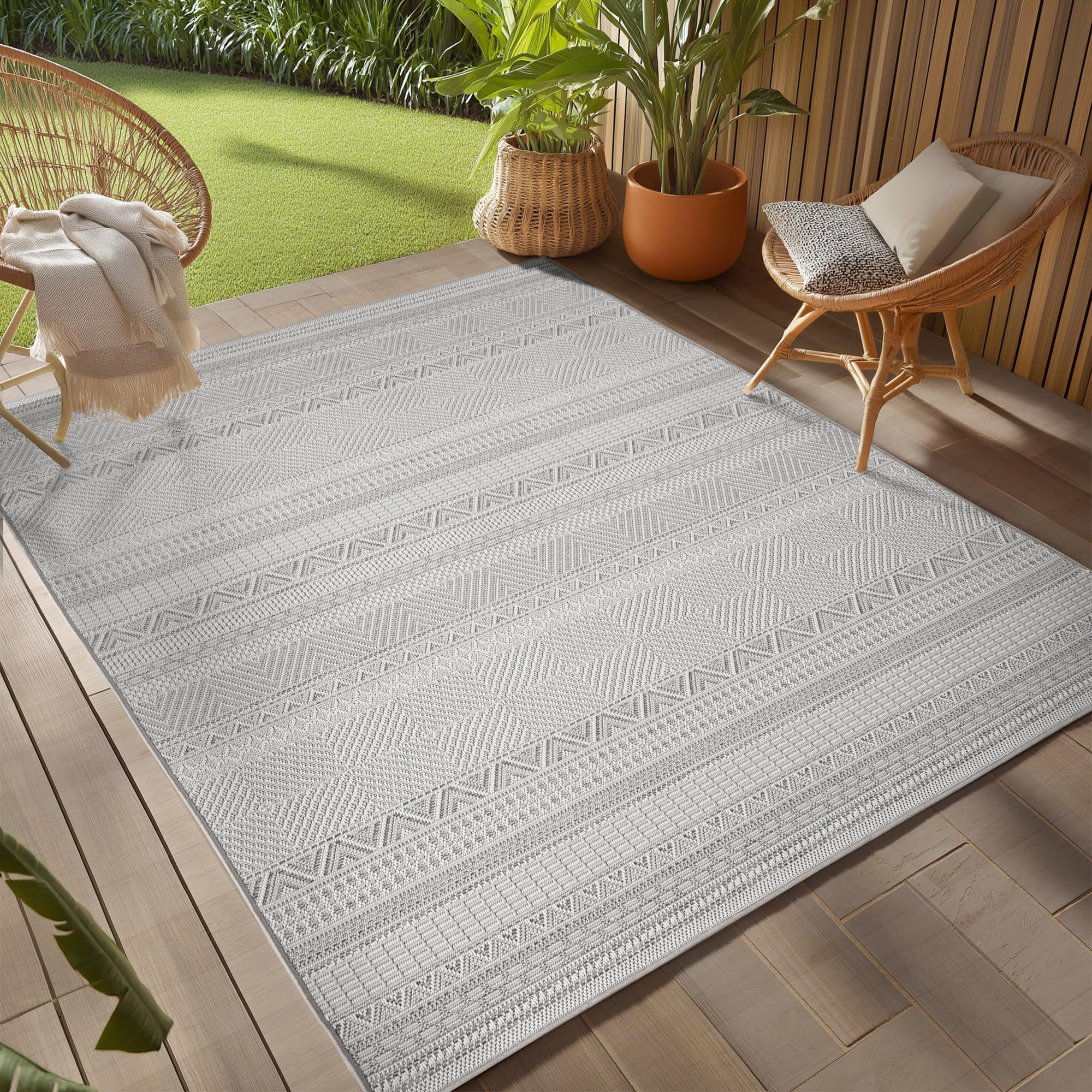 Teppium Outdoor Teppich Beige, Wetterfest & UV-beständig, ideal für Küche, Balkon, Terrasse auch Wohnzimmer und Esszimmer, Skandinavisches Boho-Design
