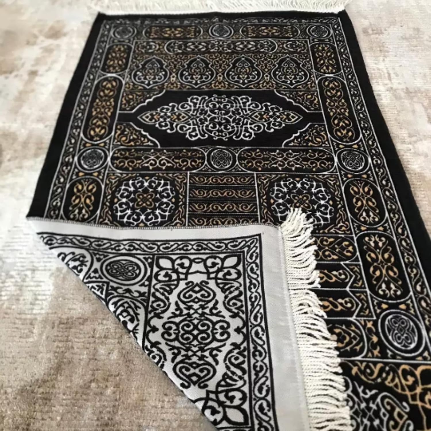 Luxury Kaaba Door Pattern Prayer Rug, Cotton Prayer Mat, Velvety Sejadah | Muslim Janamaz Gift, Islamic Birthday, Eid, Ramadan Hajj Umrah Gift (Style 1)