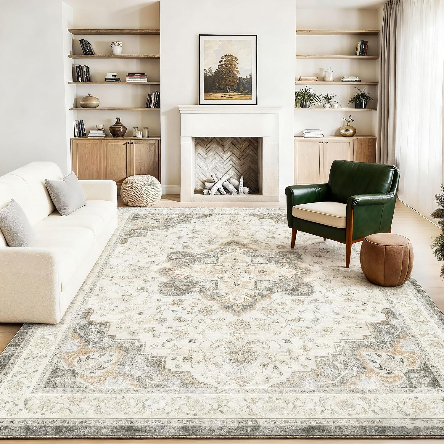 Marsail 8'x10' Washable Area Rug, Vintage Floral,Soft Short-Pile, Anti-Slip and Durable with Bound Edges for Living, Dining, and Bedrooms